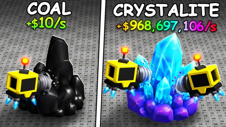 석탄과 밝은 크리스탈라이트 광석, 채굴 드론을 비교하는 Sell Ores 공식 Roblox 썸네일