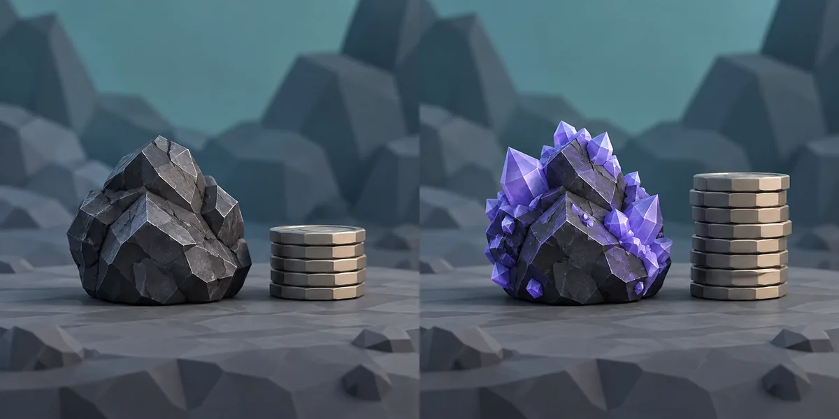 Illustrazione concettuale dello stesso minerale prima e dopo un rivestimento, senza dichiarare un prezzo o moltiplicatore reale.