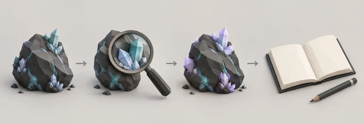Illustrazione editoriale con un minerale, una lente e un foglio di appunti per ricordare di verificare una sola modifica alla volta.