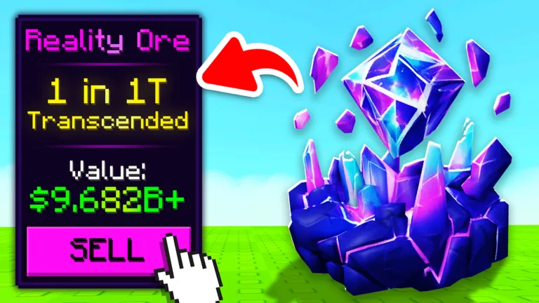 희귀 Reality Ore와 판매 버튼을 보여 주는 Sell Ores 공식 Roblox 썸네일